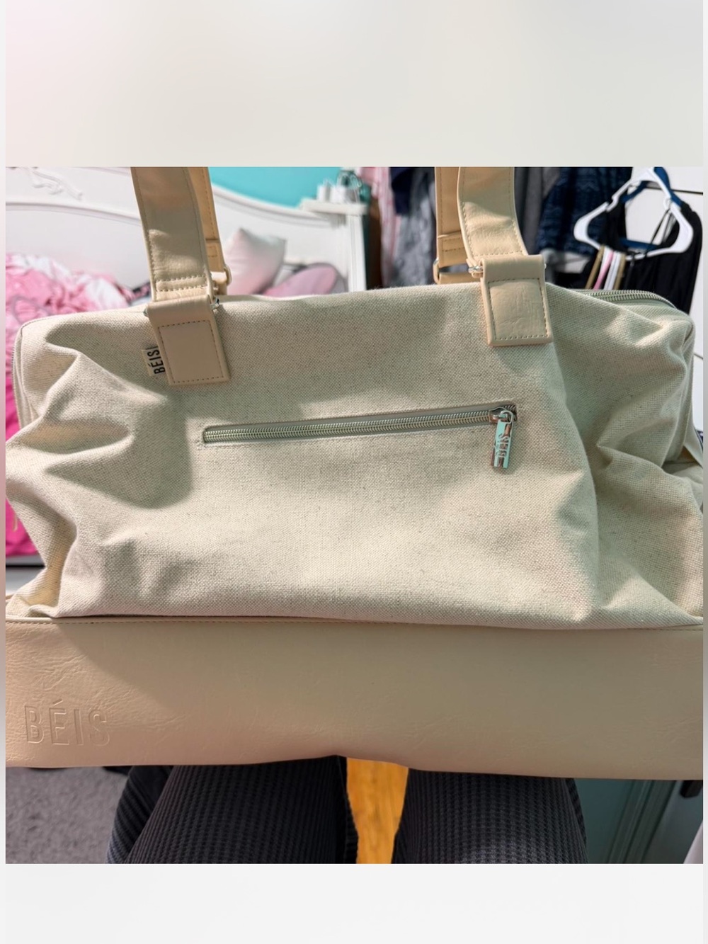 BEIS Cream Canvas Tote with Faux Leather Trim